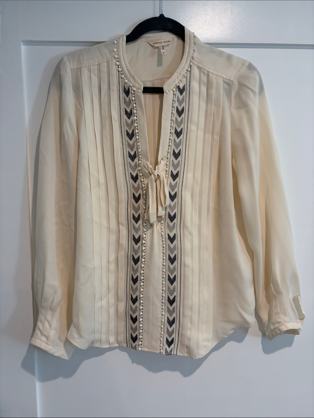 Rebecca Taylor Ivory Embroidered Tie-Front Blouse